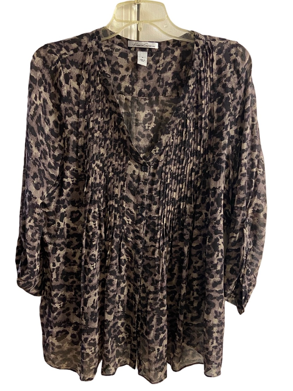 Kenneth Cole Leopard Print Pintucked Roll Tab Sleeve Semi Sheer Silk Blouse M